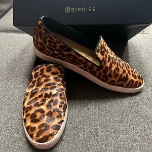 Birdies “The Swift” Flat Leopard Print Calf Hair Leather Slip on Sneakers sz 8.5